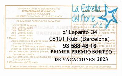 Reverso del décimo 66212 con el sello de la Administración nº 6 «La Estrella del Norte», en Rubí